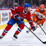 Mar 15, 2026; Montreal, Quebec, CAN; Montreal Canadiens defenseman Mike Matheson (8) defends the puck against Anaheim Ducks left wing Chris Kreider (20) during the second period at Bell Centre.