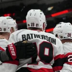 Apr 20, 2026; Raleigh, North Carolina, USA; Ottawa Senators right wing Drake Batherson (19) is congratulated by right wing Claude Giroux (28) and defenseman Nikolas Matinpalo (33) against the Carolina Hurricanes during the second period in game two of the first round of the 2026 Stanley Cup Playoffs at Lenovo Center.