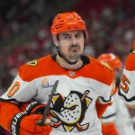 Jan 8, 2026; Raleigh, North Carolina, USA; Anaheim Ducks left wing Chris Kreider (20) looks on against the Carolina Hurricanes during the third period at Lenovo Center.
