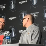 Jun 3, 2025; Edmonton, Alberta, CAN; Florida Panthers general manager Bill Zito and Panthers head coach Paul Maurice are seen taking questions during media day in advance of the 2025 Stanley Cup Final at Rogers Place. :