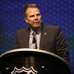 Jun 27, 2014; Philadelphia, PA, USA; Winnipeg Jets general manager Kevin Cheveldayoff announces Nikolaj Ehlers (not pictured) as the number nine overall pick to the Winnipeg Jets in the first round of the 2014 NHL Draft at Wells Fargo Center.
