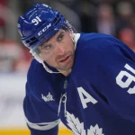 Mar 12, 2026; Toronto, Ontario, CAN; Toronto Maple Leafs forward John Tavares (91) sets up for a face off against the Anaheim Ducks at Toronto Maple Leafs at Scotiabank Arena. :