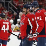 Apr 12, 2026; Washington, District of Columbia, USA; Washington Capitals left wing Alex Ovechkin (8) talks with Capitals left wing Ilya Protas (62) during a stoppage in play against the Pittsburgh Penguins during the first period at Capital One Arena.