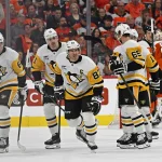 Apr 25, 2026; Philadelphia, Pennsylvania, USA; Pittsburgh Penguins center Sidney Crosby (87) skates back to the bench after scoring a goal against the Philadelphia Flyers during the first period in game four of the first round of the 2026 Stanley Cup Playoffs at Xfinity Mobile Arena