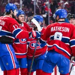 May 16, 2026; Montreal, Quebec, CAN; Montreal Canadiens center Jake Evans (71) celebrates with his teammates his goal against the Buffalo Sabres during the first period in game six of the second round of the 2026 Stanley Cup Playoffs at Bell Centre.