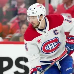 Montreal Canadiens center Nick Suzuki (14) skates against the Carolina Hurricanes during the third period in game one of the Eastern Conferene Final of the 2026 Stanley Cup Playoffs at Lenovo Center.
