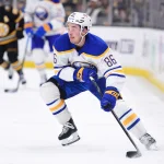 Apr 26, 2026; Boston, Massachusetts, USA; Buffalo Sabres center Noah Ostlund (86) controls the puck during the second period in game four of the first round of the 2026 Stanley Cup Playoffs against the Boston Bruins at TD Garden.
