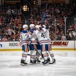 Apr 26, 2026; Anaheim, California, USA; Edmonton Oilers celebrate after an early goal during the first period against the Anaheim Ducks in game four of the first round of the 2026 Stanley Cup Playoffs at Honda Center.
