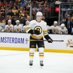 Apr 12, 2026; Columbus, Ohio, USA; Boston Bruins center James Hagens (44) against the Columbus Blue Jackets during the second period at Nationwide Arena.