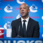 Jun 4, 2026; Vancouver, BC, CANADA; Manny Malhotra speaks during press conference where the Vancouver Canucks introduce Malhotra as their new head coach during a press conference at Rogers Arena.
