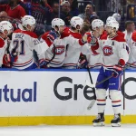 May 14, 2026; Buffalo, New York, USA; Montréal Canadiens right wing Josh Anderson (17) celebrates his goal with teammates during the second period against the Buffalo Sabres in game five of the second round of the 2026 Stanley Cup Playoffs at KeyBank Center.