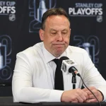 May 1, 2026; Boston, Massachusetts, USA; Boston Bruins head coach Marco Sturm looks down during a press conference following their 4-1 loss to the Buffalo Sabres in game six of the first round of the 2026 Stanley Cup Playoffs at TD Garden.