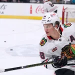 Apr 6, 2026; San Jose, California, USA; Chicago Blackhawks center Connor Bedard (98) warms up before the game against the San Jose Sharks at SAP Center at San Jose.