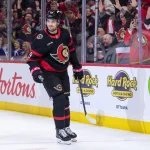 Apr 15, 2026; Ottawa, Ontario, CAN; Ottawa Senators right wing Drake Batherson (19) celebrates his goal scored in the first period against the Toronto Maple Leafs at the Canadian Tire Centre.