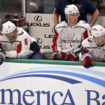 Oct 28, 2025; Dallas, Texas, USA; Washington Capitals left wing Alex Ovechkin (8) and right wing Ryan Leonard (9) and center Ethen Frank (53) look on during the game between the Stars and the Capitals at the American Airlines Center.