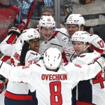 urgh, Pennsylvania, USA; Washington Capitals left wing Ilya Protas (62) celebrates a goal on the Pittsburgh Penguins with left wing Alex Ovechkin (8) and center Justin Sourdif (34) and center Dylan Strome (17) and defenseman Cole Hutson (44) during the third period at PPG Paints Arena. Washington won 6-3.