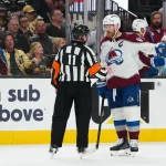 May 26, 2026; Las Vegas, Nevada, USA; Colorado Avalanche left wing Gabriel Landeskog (92) talks with referee Kelly Sutherland (11) during the second period in game four of the Western Conference Final of the 2026 Stanley Cup Playoffs at T-Mobile Arena.