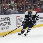 Apr 14, 2026; Columbus, Ohio, USA; Columbus Blue Jackets right wing Kirill Marchenko (86) skates with the puck against the Washington Capitals during the second period at Nationwide Arena.