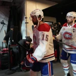 May 23, 2026; Raleigh, North Carolina, USA; Montréal Canadiens center Alex Newhook (15) takes the ice for warm ups before the game against the Carolina Hurricanes in game two of the Eastern Conferene Final of the 2026 Stanley Cup Playoffs at Lenovo Center.