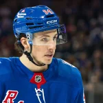 Apr 5, 2026; New York, New York, USA; New York Rangers right wing Gabe Perreault (94) skates against the Washington Capitals during the second period at Madison Square Garden.