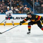 Jan 17, 2026; Vancouver, British Columbia, CAN; Vancouver Canucks forward Elias Pettersson (40) skates against the Edmonton Oilers in the second period at Rogers Arena.