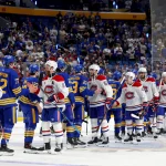 May 18, 2026; Buffalo, New York, USA; The Montréal Canadiens win in overtime and shake hands with the Buffalo Sabres in game seven of the second round of the 2026 Stanley Cup Playoffs at KeyBank Center.