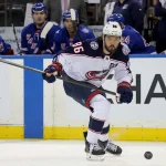 Mar 2, 2026; New York, New York, USA; Columbus Blue Jackets right wing Kirill Marchenko (86) plays the puck against the New York Rangers during the third period at Madison Square Garden.