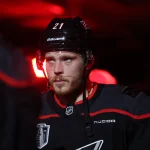 Jun 4, 2026; Raleigh, North Carolina, USA; Carolina Hurricanes defenseman Alexander Nikishin (21) looks on prior to the first period against the Vegas Golden Knights in game two of the 2026 Stanley Cup Final at Lenovo Center.: