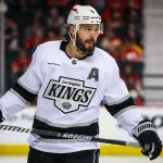 Apr 16, 2026; Calgary, Alberta, CAN; Los Angeles Kings defenseman Drew Doughty (8) against the Calgary Flames during the second period at Scotiabank Saddledome.