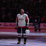 Apr 8, 2026; Toronto, Ontario, CAN; Washington Capitals left wing Alex Ovechkin (8) stands for the national anthems before a game against the Toronto Maple Leafs at Scotiabank Arena.