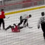 Artyom Levshunov hit on Ryan Donato at Blackhawks practice