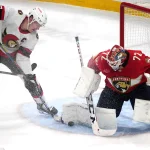 Feb 20, 2024; Sunrise, Florida, USA; Florida Panthers goaltender Sergei Bobrovsky (72) makes a save on Ottawa Senators left wing Brady Tkachuk (7) during the third period at Amerant Bank Arena.