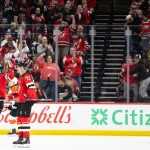 Apr 7, 2026; Newark, New Jersey, USA; New Jersey Devils defenseman Dougie Hamilton (7) and Nick Bjugstad (72) celebrates a goal against the Philadelphia Flyers during the first period at Prudential Center.