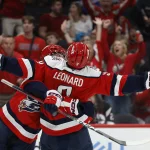 Apr 4, 2026; Washington, District of Columbia, USA; Washington Capitals right wing Ryan Leonard (9) celebrates with Capitals center Dylan Strome (17) after scoring a goal against the Buffalo Sabres during the third period at Capital One Arena.