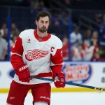 Jan 18, 2025; Tampa, Florida, USA; Detroit Red Wings center Dylan Larkin (71) warms up before a game against the Tampa Bay Lightning at Amalie Arena.