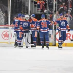 Mar 15, 2026; Edmonton, Alberta, CAN; Edmonton Oilers center Jason Dickinson (16), Edmonton Oilers goalie Connor Ingram (39) and Oilers defenseman Evan Bouchard (2) celebrate the win over the Nashville Predators during the third period at Rogers Place.