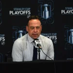 Apr 26, 2026; Boston, Massachusetts, USA; Boston Bruins head coach Marco Sturm talks to the media after losing to the Buffalo Sabres in game four of the first round of the 2026 Stanley Cup Playoffs at TD Garden.
