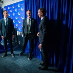 May 14, 2026; Vancouver, BC, Canada; Daniel Sedin and Henrik Sedin and Ryan Johnson smile after a press conference where the Vancouver Canucks name new senior management staff. Henrik Sedin and his twin brother Daniel Sedin have been appointed as co-presidents of hockey operations and Ryan Johnson is now the new general manager of the club at Rogers Arena.
