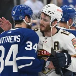 May 12, 2023; Toronto, Ontario, CAN; Toronto Maple Leafs forward Auston Matthews (34) congratulates Florida Panthers forward Matthew Tkachuk (19) after the Panthers won game five of their second round series and eliminated the Leafs from 2023 Stanley Cup Playoffs at Scotiabank Arena.