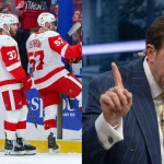 Apr 13, 2026; Tampa, Florida, USA; Detroit Red Wings left wing David Perron (57) reacts after scoring a goal against the Tampa Bay Lightning in the first period at Benchmark International Arena.