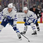 Apr 4, 2026; Los Angeles, California, USA; Toronto Maple Leafs left wing Matthew Knies (23) moves in for a shot against the Los Angeles Kings during the first period at Crypto.com Arena.