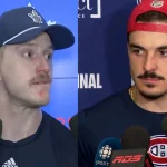 Arber Xhekaj, du Canadien de Montréal, et Michael Pezzetta, des Maple Leafs de Toronto, en conférence de presse devant les médias.