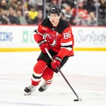 Apr 9, 2026; Newark, New Jersey, USA; New Jersey Devils center Jack Hughes (86) skates with the puck during the third period against the Pittsburgh Penguins at Prudential Center