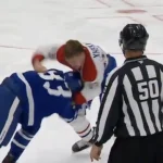 Florian Xhekaj, qui jette les gants contre les Maple Leafs de Toronto.