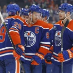 Sep 19, 2026; Edmonton, Alberta, CAN; The Edmonton Oilers celebrate a goal scored by forward Connor McDavid (97) during the first period against the at Rogers Place.