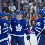 Apr 13, 2026; Toronto, Ontario, CAN; Toronto Maple Leafs center John Tavares (91) scores a goal and celebrates with left wing Matthew Knies (23) against the Dallas Stars during the first period at Scotiabank Arena.
