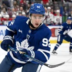 Sep 19, 2026; Toronto, Ontario, CAN; Toronto Maple Leafs forward Gavin McKenna (92) pursues the play against the Montreal Canadiens in the first period at Scotiabank Arena.