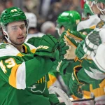 Mar 3, 2026; Saint Paul, Minnesota, USA; Minnesota Wild defensemen Quinn Hughes (43) celebrates his goal against the Tampa Bay Lightning during the third period at Grand Casino Arena.