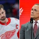Jul 7, 2022; Montreal, Quebec, CANADA; Detroit Red Wings general manager Steve Yzerman announces Marco Kasper (not pictured) as the number eight overall pick to the Detroit Red Wings in the first round of the 2022 NHL Draft at Bell Centre. Apr 13, 2026; Tampa, Florida, USA; Detroit Red Wings center Dylan Larkin (71) warms up before a game against the Tampa Bay Lightning at Benchmark International Arena.