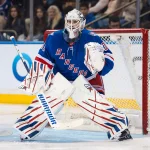 Apr 5, 2026; New York, New York, USA; New York Rangers goalie Igor Shesterkin (31) defends the net against the Washington Capitals during the second period at Madison Square Garden.